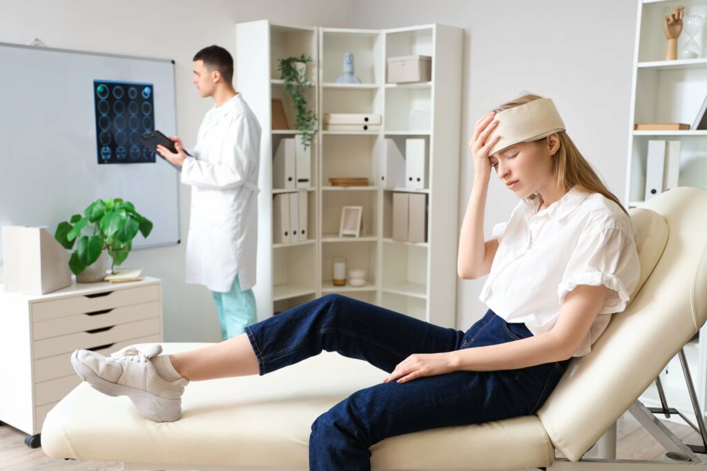 A person sitting in a medical exam room and holding their injured head while a doctor looks at a chart in the background.