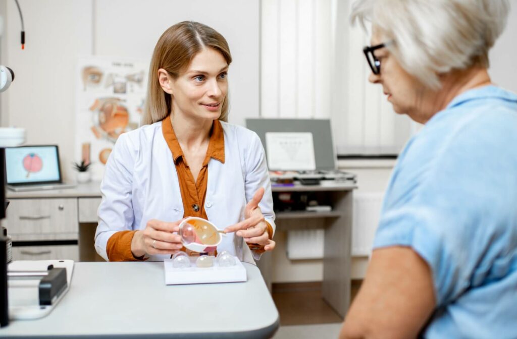 An eye doctor uses an anatomical model of the eye to explain how certain eye conditions share symptoms similar to pink eye.