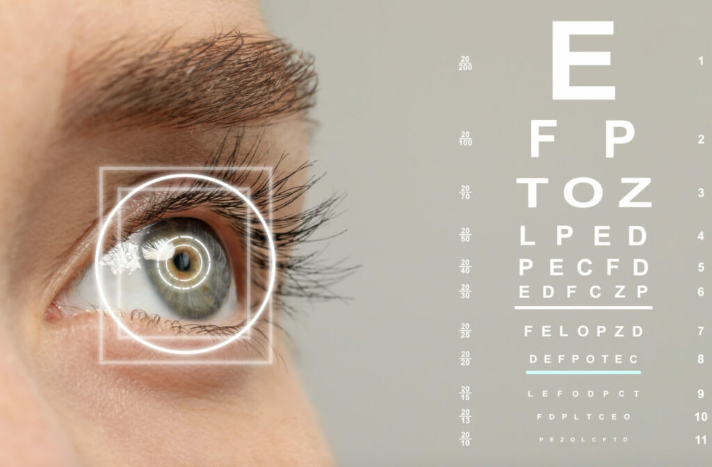 Close-up of an eye with a digital targeting overlay beside an eye chart showing rows of letters used for vision testing.
