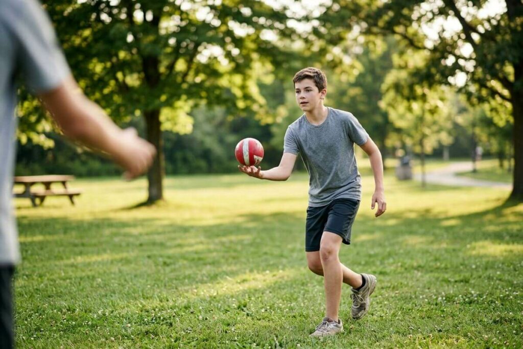 Person outdoors playing catch with a ball during a sports vision training session.