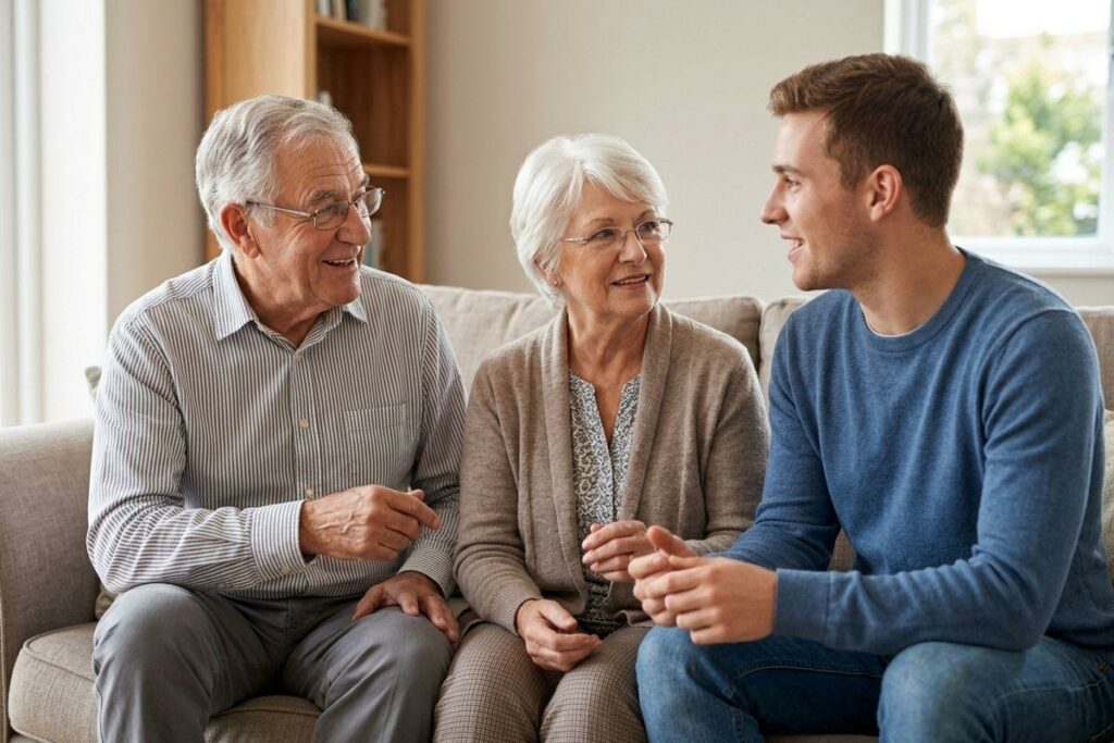 A young adult and two older adults are chatting on a couch.