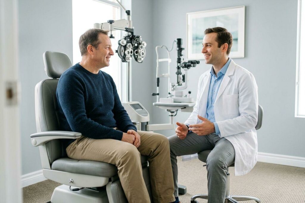 Adult patient chatting with an eye doctor during a comprehensive eye exam.