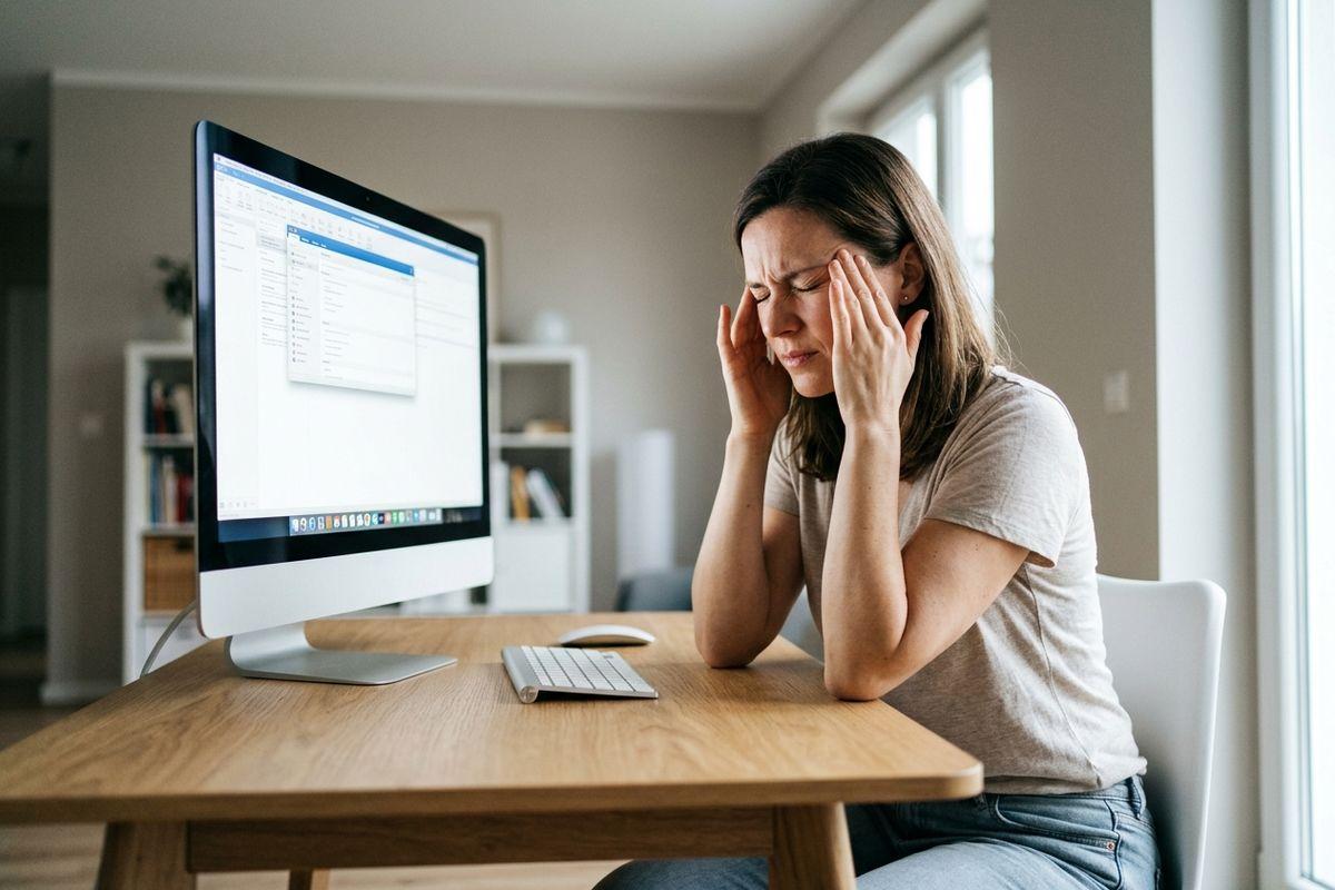 Person at a desk rubbing their temples with eyes closed, seated in front of a computer monitor at home.