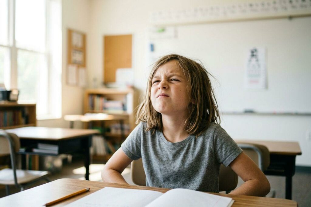 Child sitting at a classroom desk with an open notebook and pencil, squinting toward the front of the room.