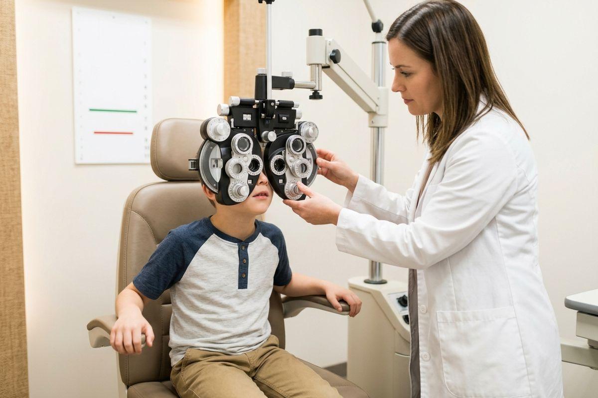 Optometrist adjusts a phoropter for a child seated in an exam chair during an eye test.