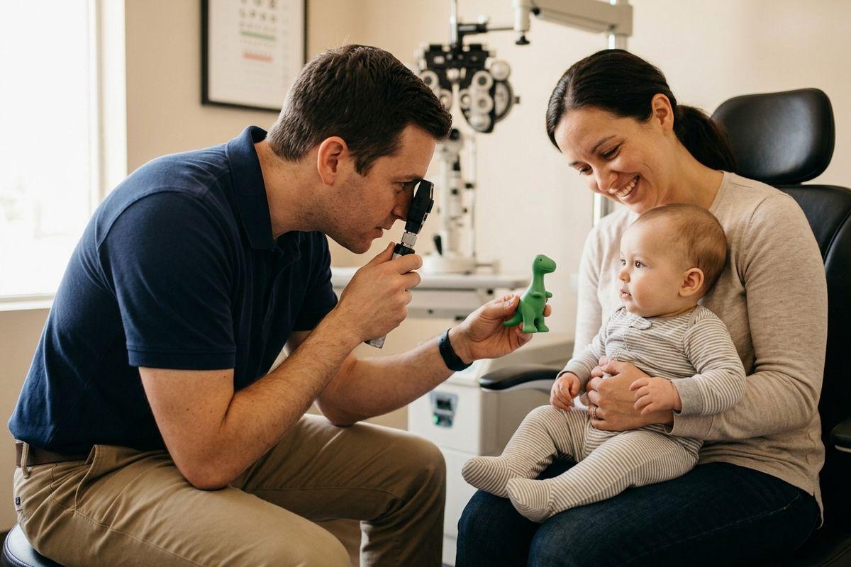 Optometrist examines a baby's eyes with a retinoscope while holding a toy dinosaur; the baby sits on a smiling adult's lap in an exam room.