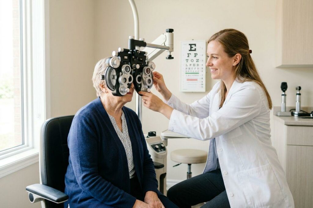 Smiling optometrist adjusts a phoropter for an older adult seated in an exam room, with an eye chart on the wall behind.